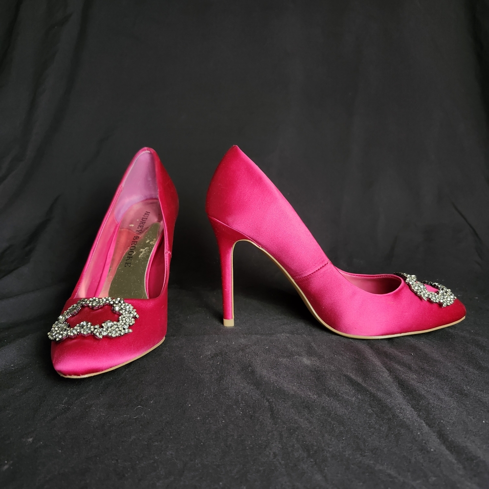 Audrey Brooke Fuchsia Satin Pointed-Toe Heels with Crystal Buckle